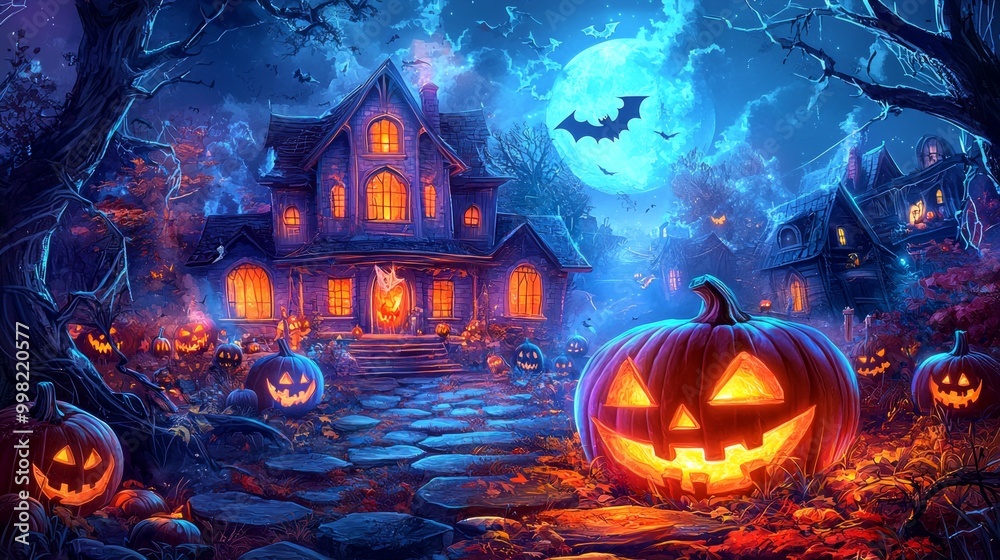 A Halloween scene with a house, a pumpkin, and a bat flying in the sky A Halloween scene with a house, a pumpkin, and a bat flying in the sky
