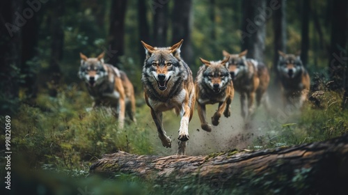 Pack of Wolves Running in a Lush Forest