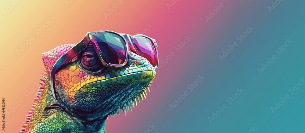 Chameleon with sunglasses on colorful gradient background Chameleon with sunglasses on colorful gradient background