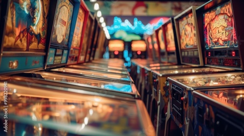 Row of Vintage Pinball Machines in an Arcade photo