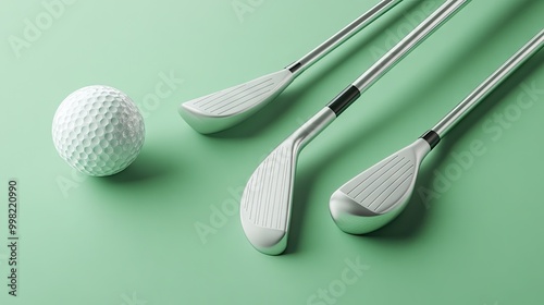 A set of golf clubs and a golf ball isolated on a single-color background, creating a clean, modern visual.