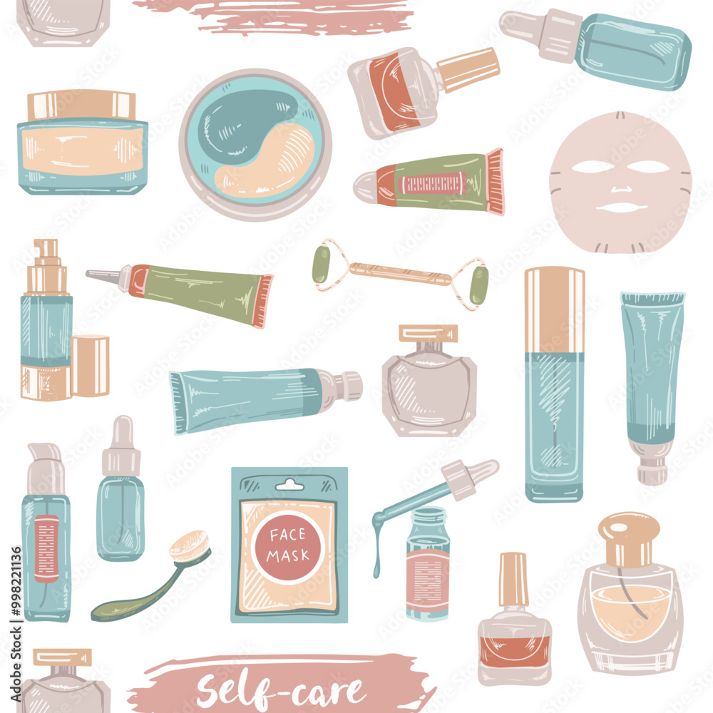 A set of flat style sketches of cosmetics, beauty, self-care elements. Illustration for beauty salon, cosmetic store, makeup design. Engraved image. A set of flat style sketches of cosmetics, beauty, self-care elements. Illustration for beauty salon, cosmetic store, makeup design. Engraved image.