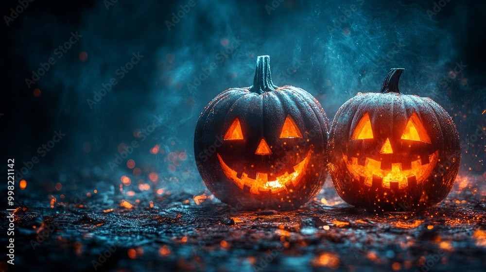 Two pumpkins with glowing eyes and smiling faces are placed on a dark background Two pumpkins with glowing eyes and smiling faces are placed on a dark background
