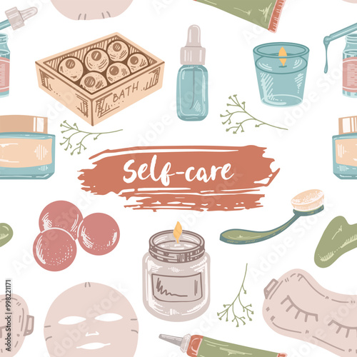 Seamless pattern of flat style  spa, cosmetics, beauty, self-care elements. Illustration for beauty salon, cosmetic store, makeup design. Engraved image.