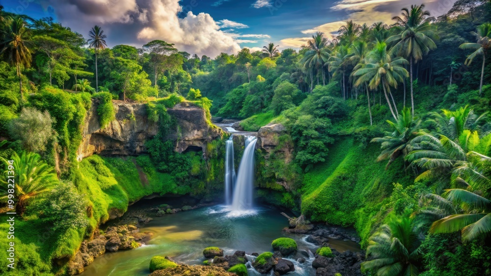 Tegenungan Waterfall in Bali cascades amidst vibrant tropical greenery, creating a serene oasis, where nature's beauty enchants with lush landscapes and soothing waters. Tegenungan Waterfall in Bali cascades amidst vibrant tropical greenery, creating a serene oasis, where nature's beauty enchants with lush landscapes and soothing waters.