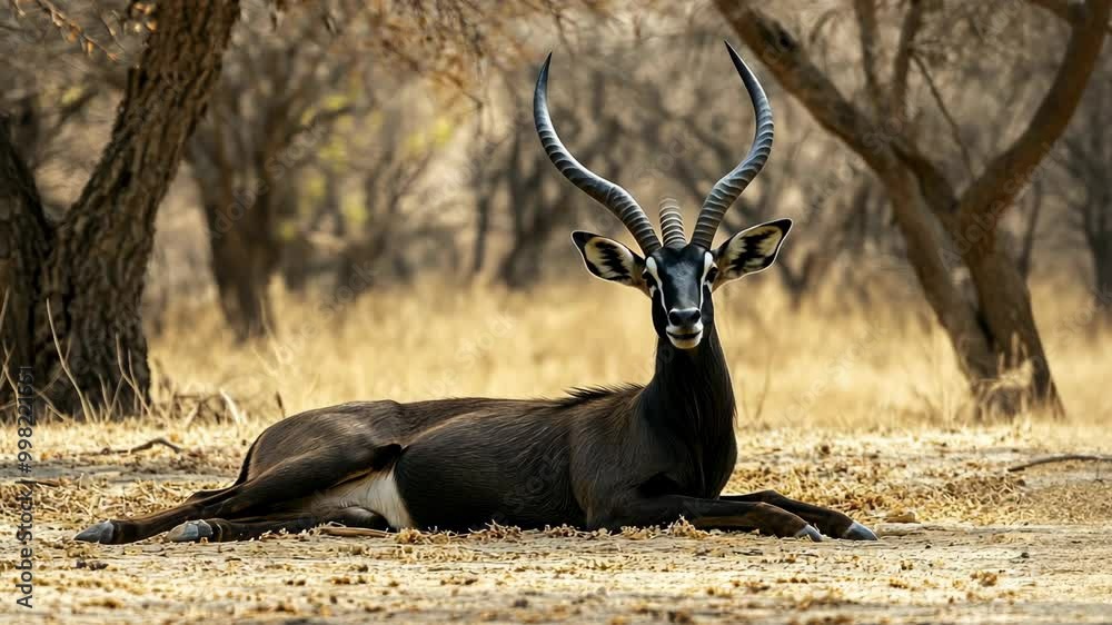 A sable antelope lies in the dry grass of an African savanna
