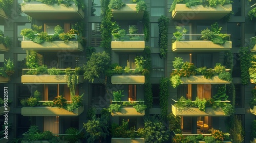 Futuristic eco friendly architecture  integrating trees and glass buildings for sustainable cities #998221571