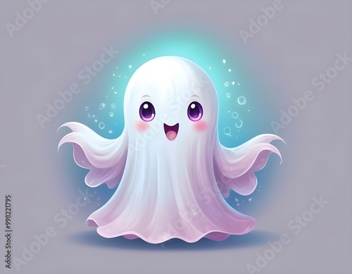 Cute animated shy ghost character with glowing eyes and gentle smile. Halloween