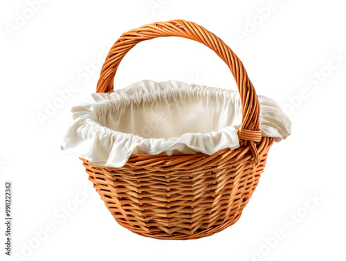 a wicker basket with a white cloth inside

