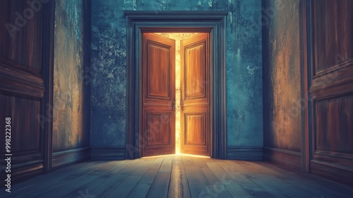 A room with a door that is open and a light shining through it