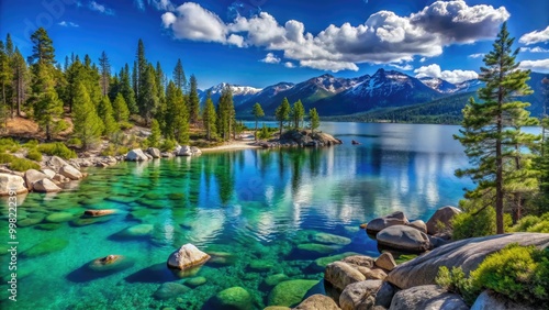 Scenic Lake Tahoe Landscape with Crystal Clear Water, Majestic Mountains, and Lush Pine Forests