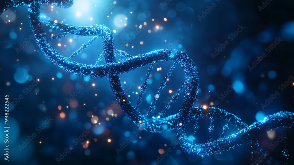 A close-up view of a glowing DNA double helix structure amidst a dark background with sparkles A close-up view of a glowing DNA double helix structure amidst a dark background with sparkles