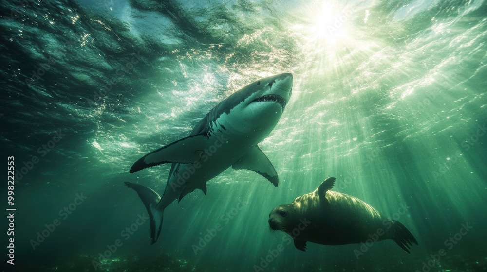 Fototapeta premium Sharks and Seals Underwater in Sunlit Ocean Scene
