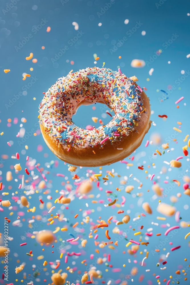 Floating Donut with Pink Icing and Sprinkles Against a Color Background Floating Donut with Pink Icing and Sprinkles Against a Color Background