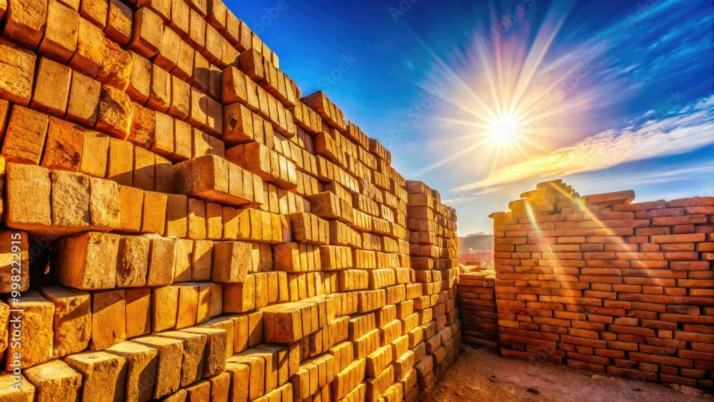 Fototapeta premium Natural adobe bricks basking in sunlight, highlighting their earthy tones and rustic texture. These sturdy construction materials showcase the beauty of timeless craftsmanship.