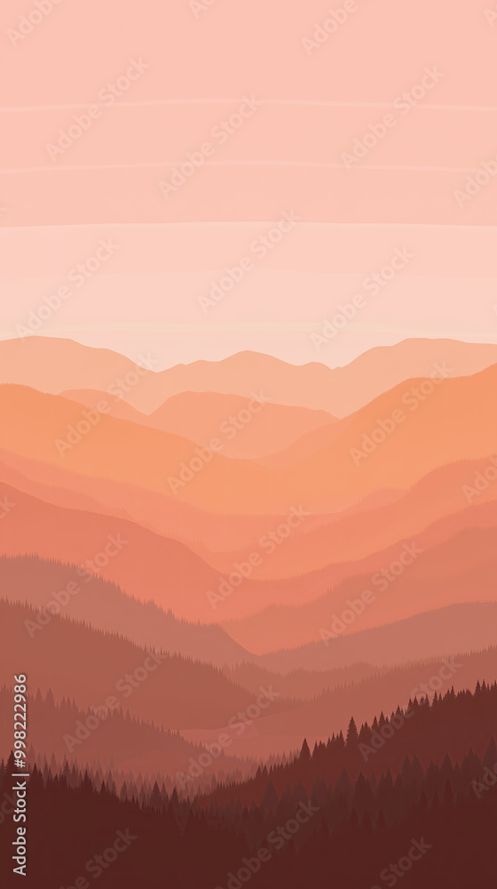 Fototapeta premium Minimalist pastel mountain landscape at sunset A minimalist view of rolling mountains in soft pastel shades of orange and peach during a beautiful sunset.