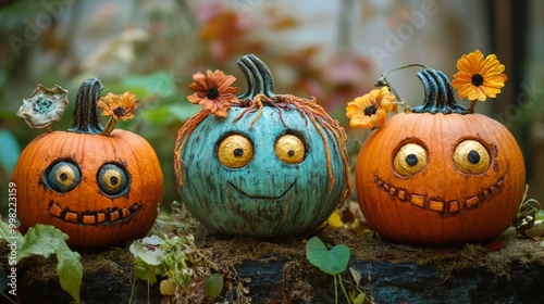 Halloween Celebrations with Witches and Pumpkins in an Autumn Forest Setting