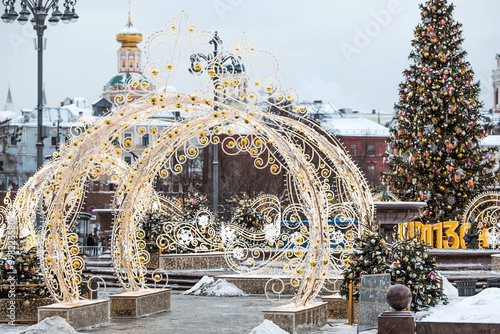 Christmas decorations on the streets of the city. Christmas holidays, winter landscape. The Bolshoi Theatre in the center of Moscow. Russia, Moscow, 2024