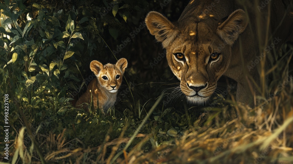 Majestic Lioness and Playful Cub in Natural Habitat Majestic Lioness and Playful Cub in Natural Habitat