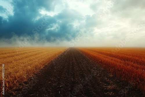 A field of golden wheat with a plowed path in the middle, leading towards a misty horizon under a dramatic sky.