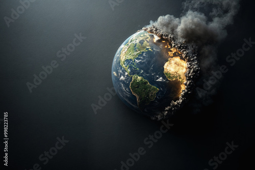 Earth in peril: Striking visualization of global pollution and climate change, showing half the planet engulfed in smoke and decay against a dark background photo