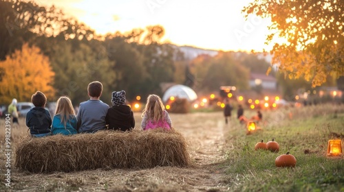 Family-friendly haunted hayride kids in spooky costumes photo