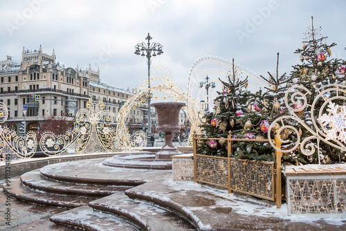 Christmas decorations on the streets of the city. Christmas holidays, winter landscape. The Bolshoi Theatre in the center of Moscow. Russia, Moscow, 2024