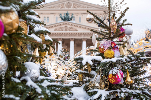 Christmas decorations on the streets of the city. Christmas holidays, winter landscape. The Bolshoi Theatre in the center of Moscow. Russia, Moscow, 2024