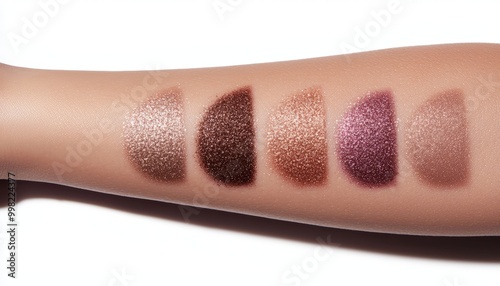 An arm showcasing metallic eyeshadow swatches in bronze, gold, and deep copper tones, with a reflective, foiled finish. photo