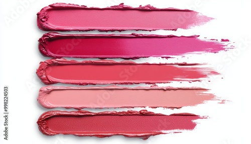 An artistic layout of Cool Pink lipstick and lip stain swatches, blending together to create a dynamic, radiant color palette.