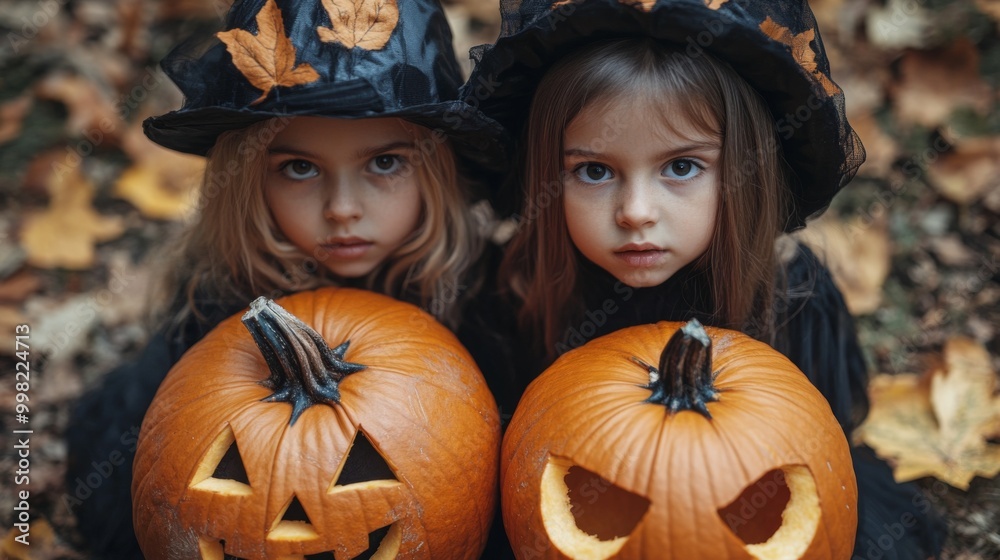 Halloween Celebrations with Witches and Pumpkins in an Autumn Forest Setting Halloween Celebrations with Witches and Pumpkins in an Autumn Forest Setting