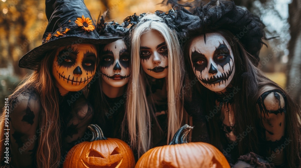 Halloween Celebrations with Witches and Pumpkins in an Autumn Forest Setting