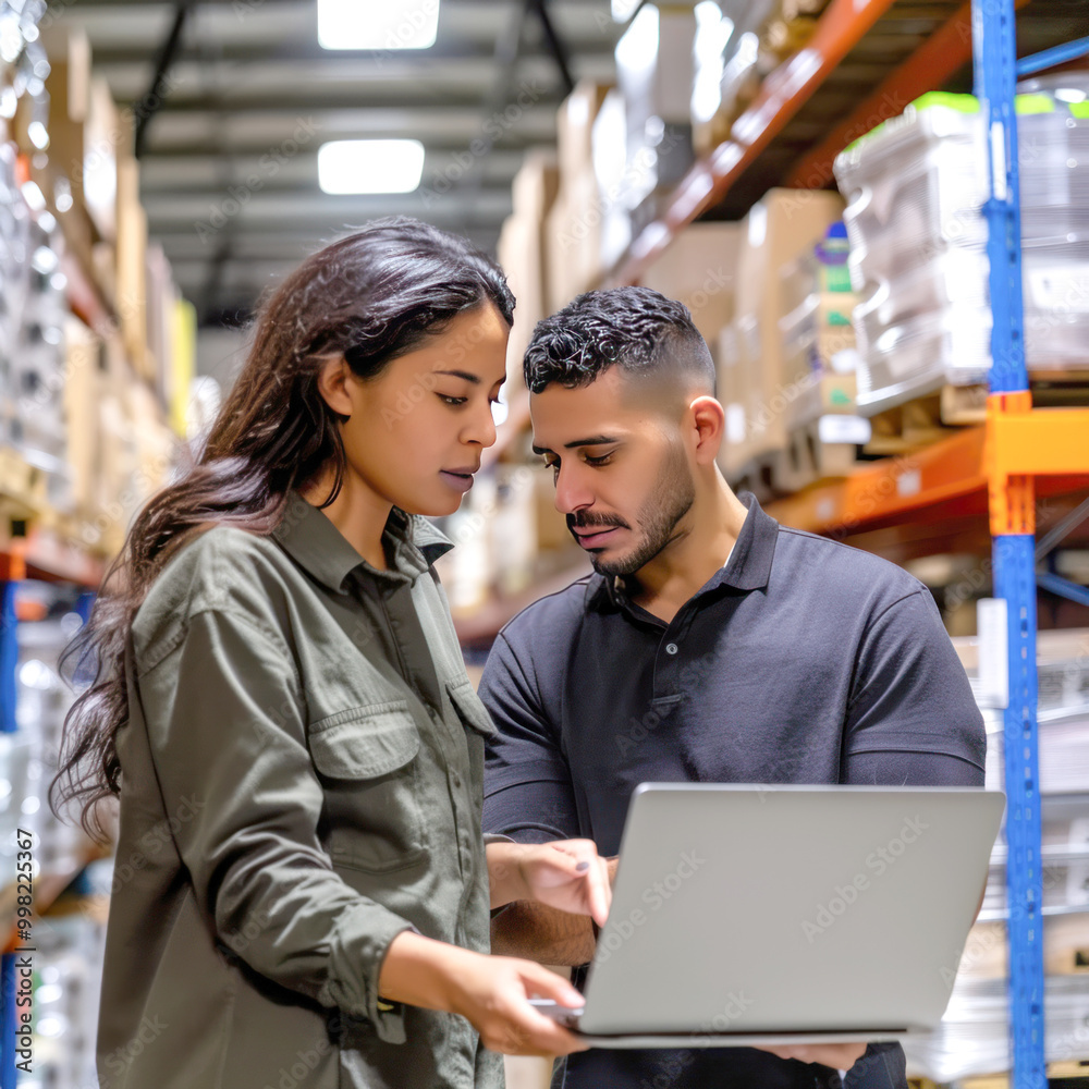 two coworkers, checking inventory on a laptop, doing quality control for order distribution and supply chain management. two coworkers, checking inventory on a laptop, doing quality control for order distribution and supply chain management.