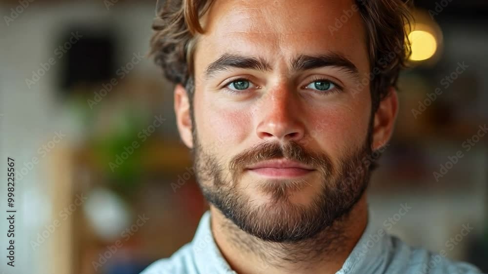 A bearded man with striking blue eyes stands confidently, showcasing a relaxed yet engaged demeanor in a warm and inviting atmosphere. A bearded man with striking blue eyes stands confidently, showcasing a relaxed yet engaged demeanor in a warm and inviting atmosphere.