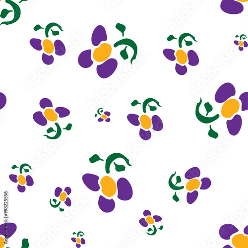 Patrón floral en morado, mostaza y verde