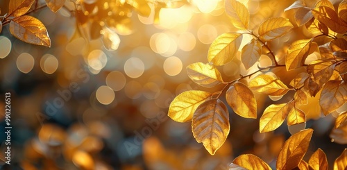 Golden autumn leaves glowing in warm sunlight with a soft bokeh background, highlighting nature's beauty and the tranquility of the fall season. photo