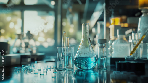 Laboratory setup with glassware and colorful liquids during a scientific experiment