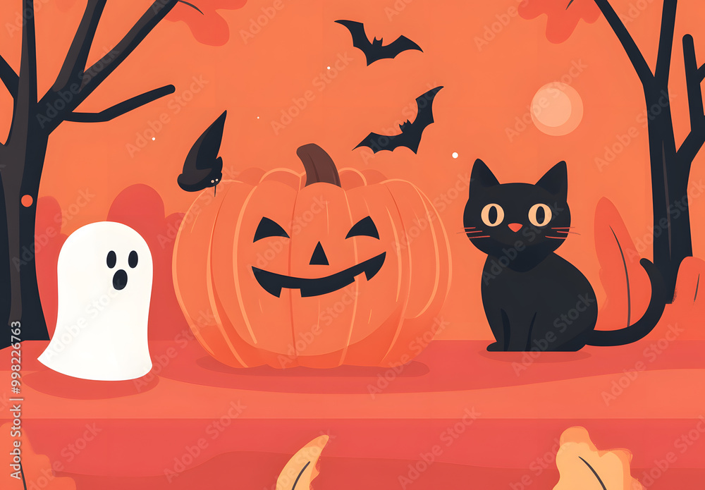 Cute Halloween Scene with Ghost, Black Cat, and Pumpkins design