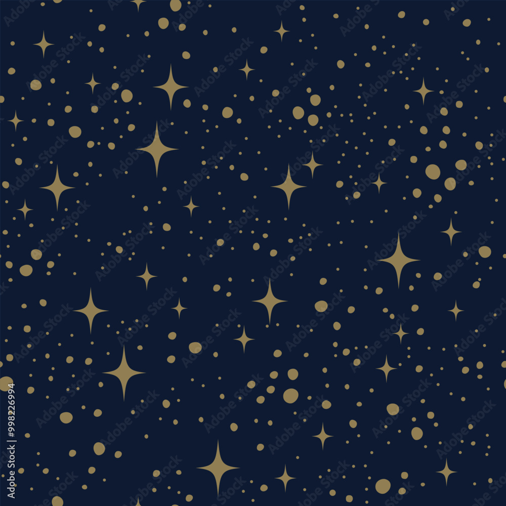 Fototapeta premium Seamless pattern with four point stars and dots. Magic cosmic sky ornament.