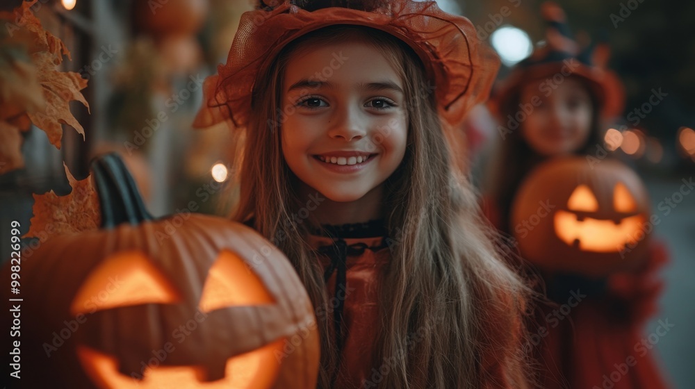 Fototapeta premium Halloween Celebrations with Witches and Pumpkins in an Autumn Forest Setting