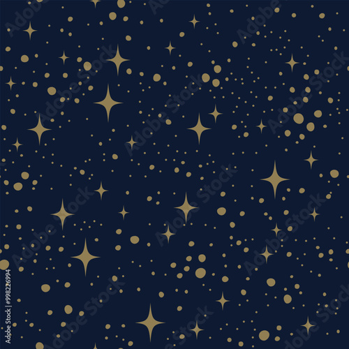 Seamless pattern with four point stars and dots. Magic cosmic sky ornament.