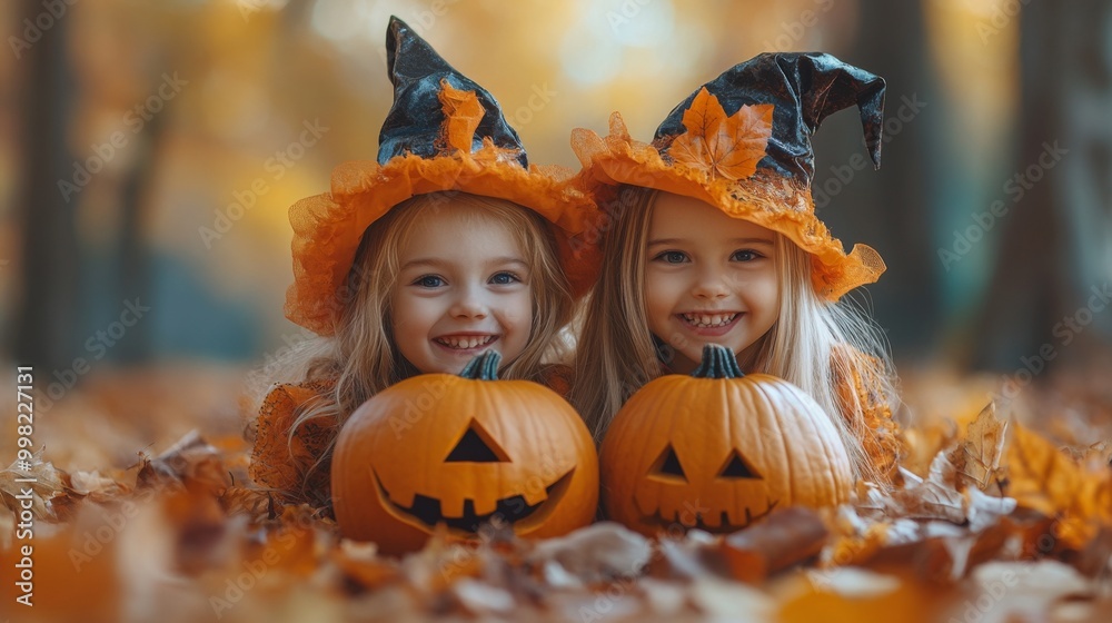 Fototapeta premium Halloween Celebrations with Witches and Pumpkins in an Autumn Forest Setting