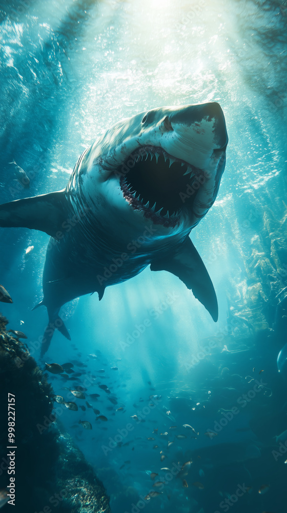 Fototapeta premium a powerful megalodon shark swimming in the deep blue ocean, surrounded by an array of fish and sea creatures under sunlight