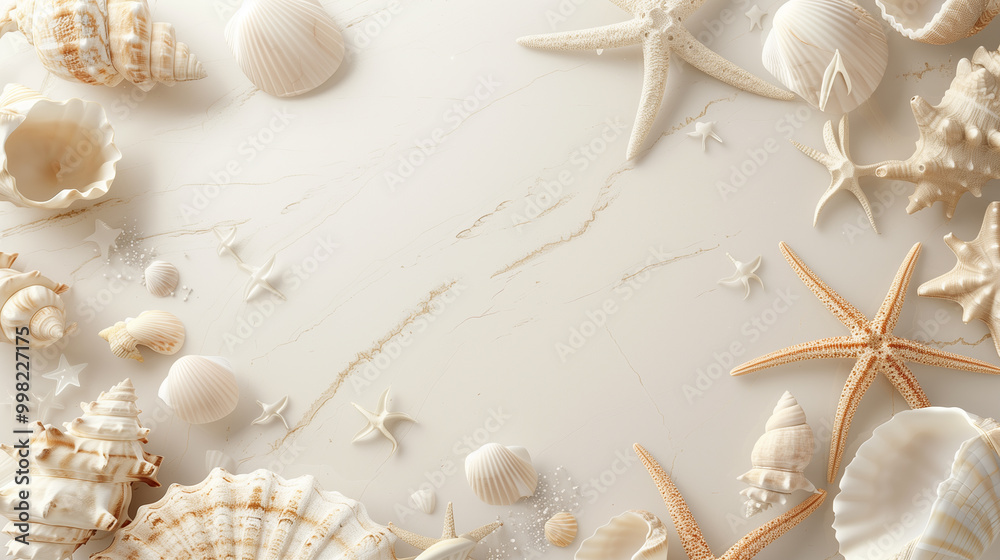 Seashells and starfish on a light marble surface Seashells and starfish on a light marble surface