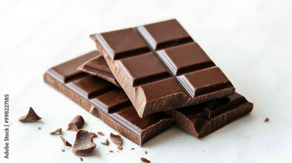 Close-up of Broken Dark Chocolate Pieces on White Surface Close-up of Broken Dark Chocolate Pieces on White Surface
