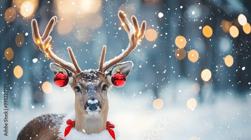 Reindeer with festive decorations gazes into snowy forest with bright lights.