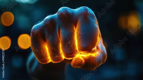 Clenched glowing fist symbolizing strength, struggle and aggression