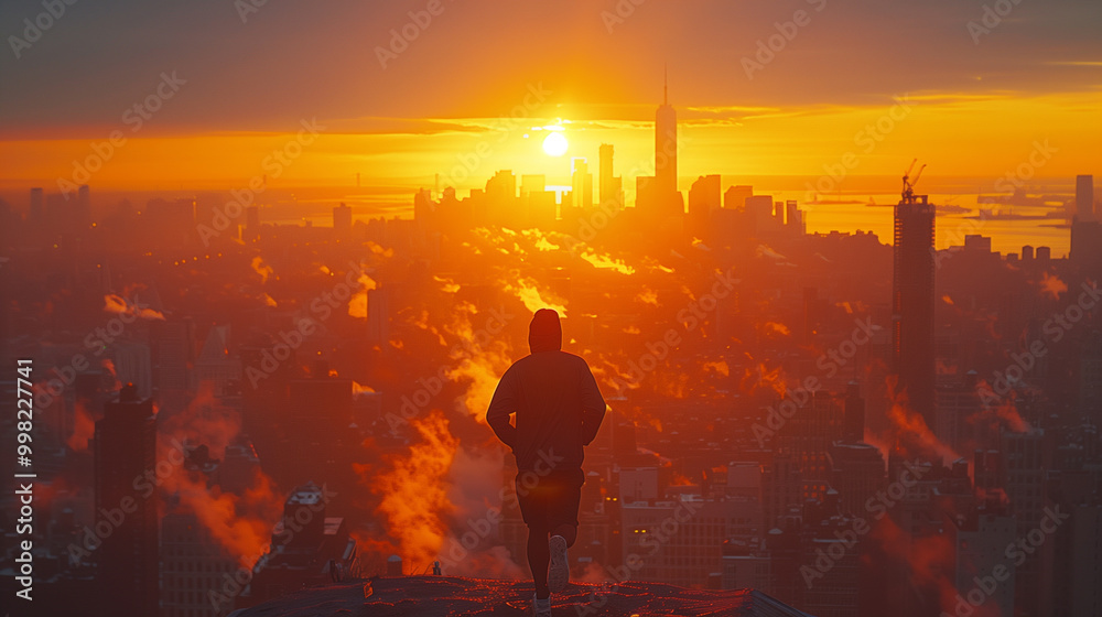 Person standing on rooftop overlooking sunrise city skyline shrouded in morning fog. Person standing on rooftop overlooking sunrise city skyline shrouded in morning fog.