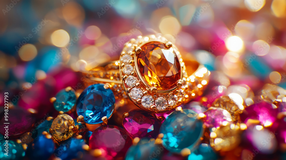 A sparkling gold ring with an orange gemstone surrounded by vibrant, colorful gems, highlighting luxury and elegance. A sparkling gold ring with an orange gemstone surrounded by vibrant, colorful gems, highlighting luxury and elegance.