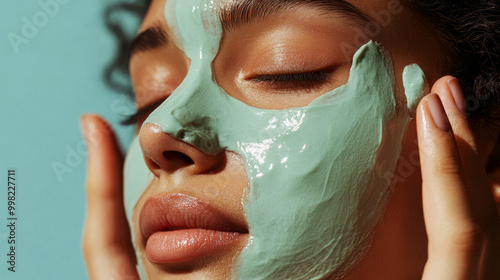 A woman with curly hair applies a green face mask, enjoying a skincare routine against a soft blue background. photo